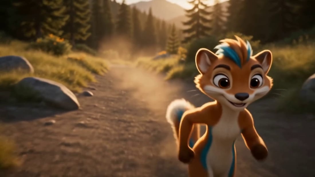 Still from the KIKU film. KIKU, a stoat-like character, runs a forest trail at golden hour and stops to look out over a valley.