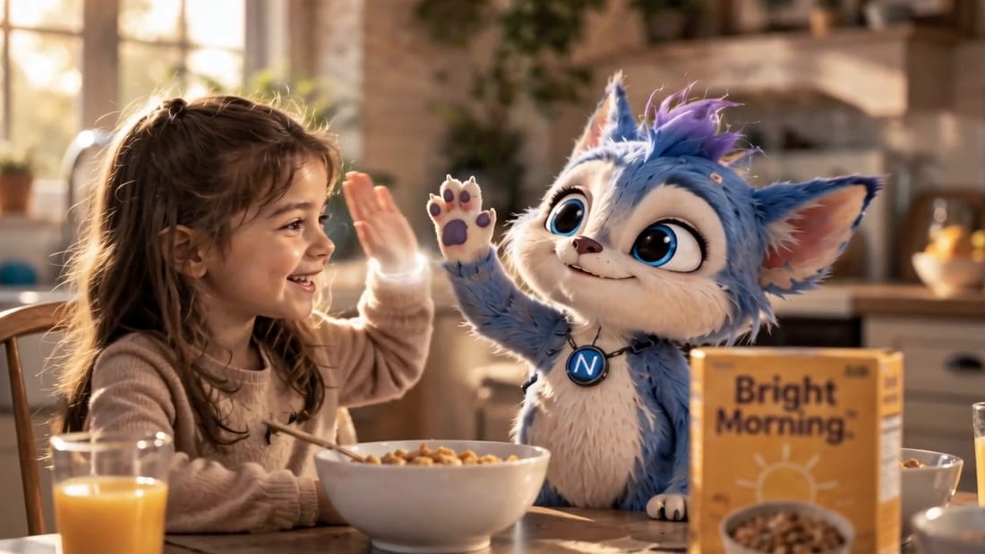 Still from the KOVI film. KOVI, a blue and white character, shares a breakfast table with a child. The cereal brand on screen is invented.