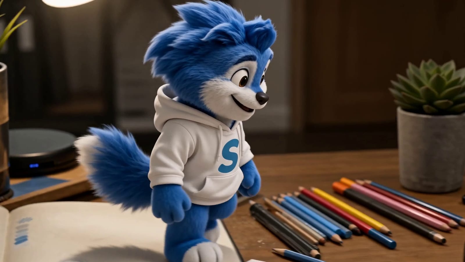 Still from the MIKO film. MIKO, a blue character drawn in a sketchbook, steps off the page and onto the desk.